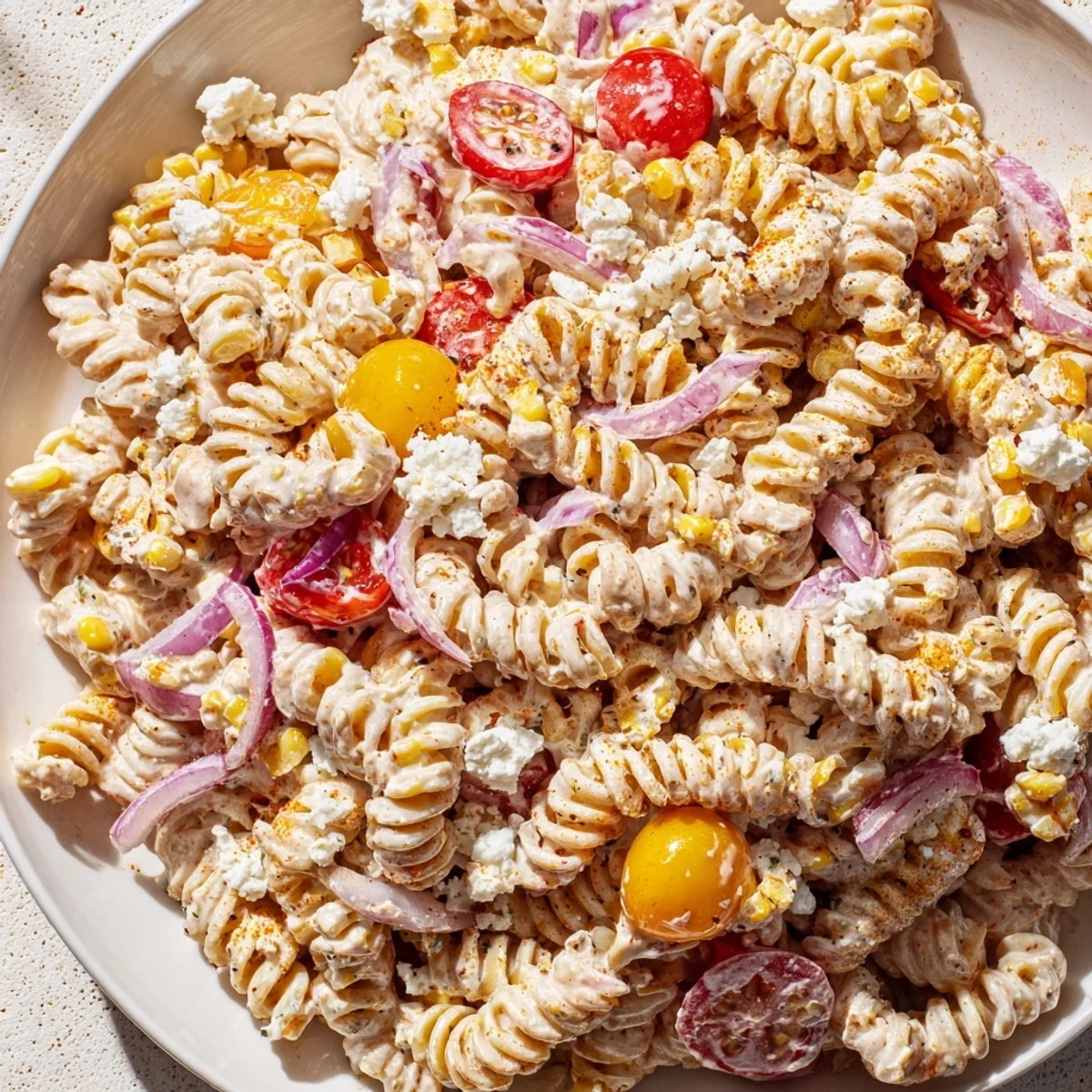 Creamy elote street corn pasta salad topped with crumbled cotija cheese and fresh cilantro