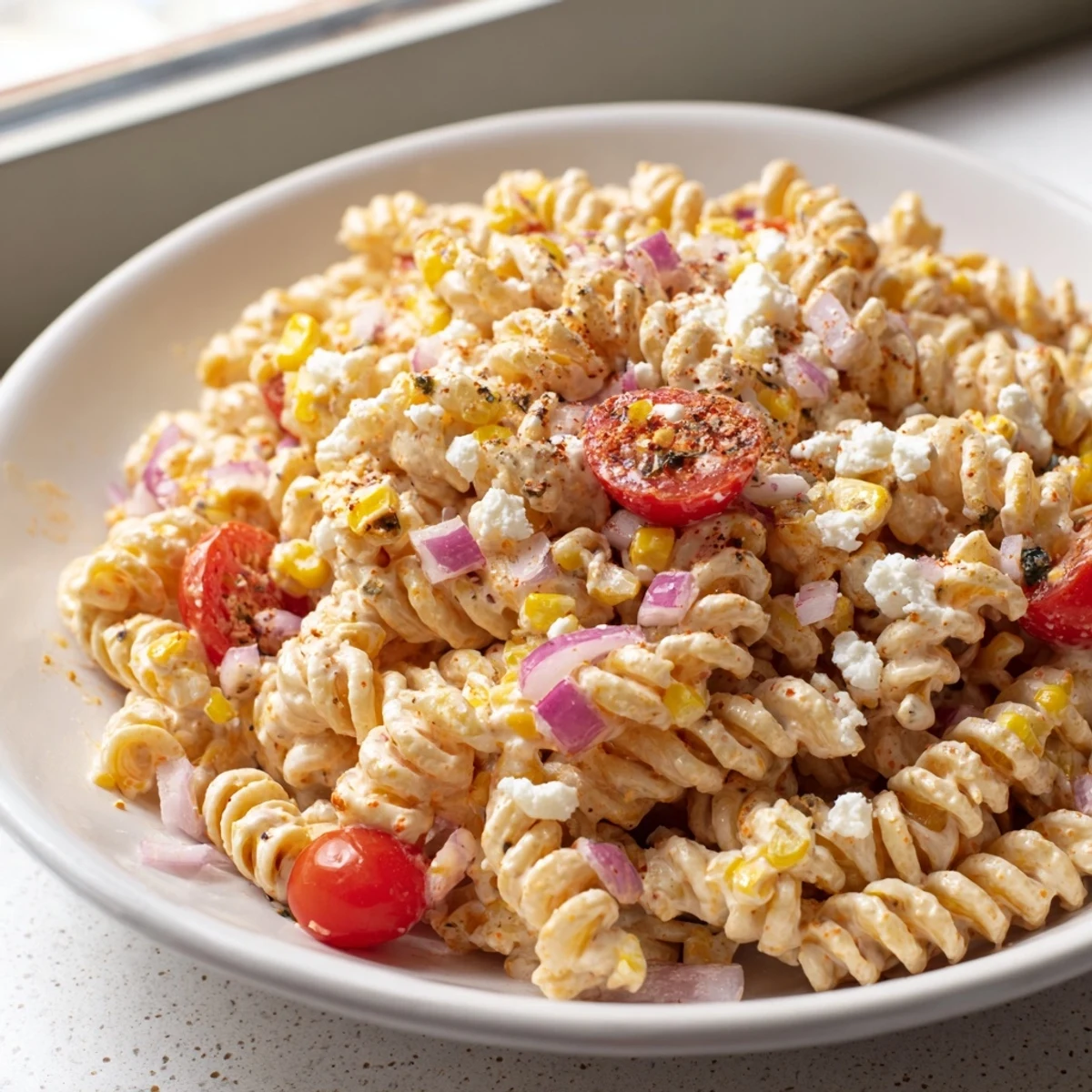 Bright summer elote street corn pasta salad served in a bowl with lime wedges alongside