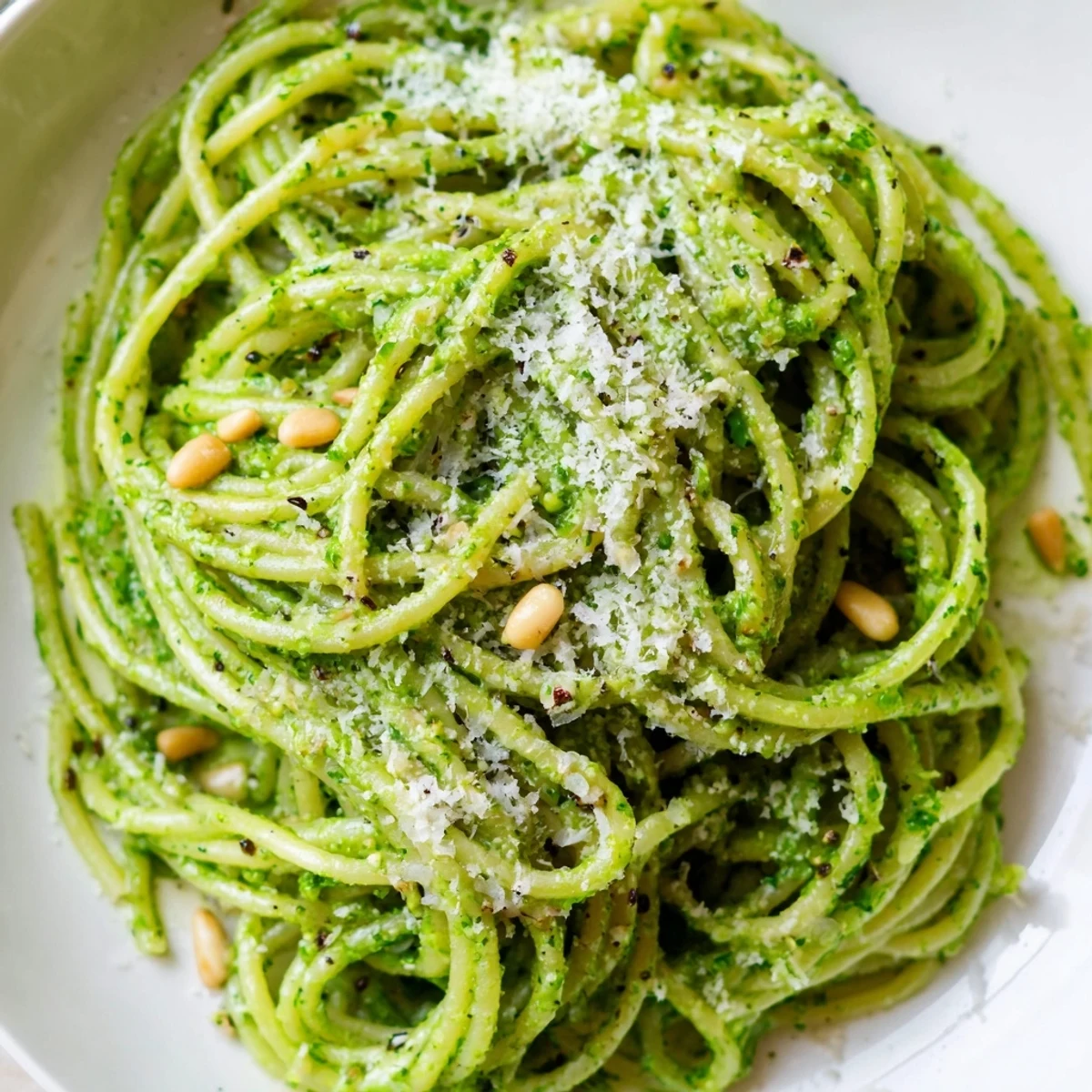 Bright wild garlic pesto pasta coated in a silky, vibrant green herb sauce