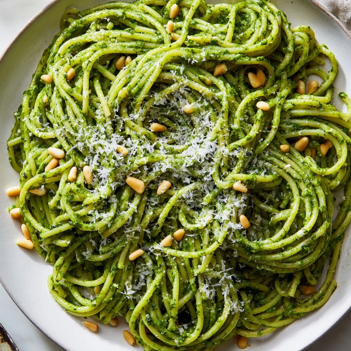 Steaming plate of wild garlic pesto pasta topped with grated Parmesan and cracked pepper
