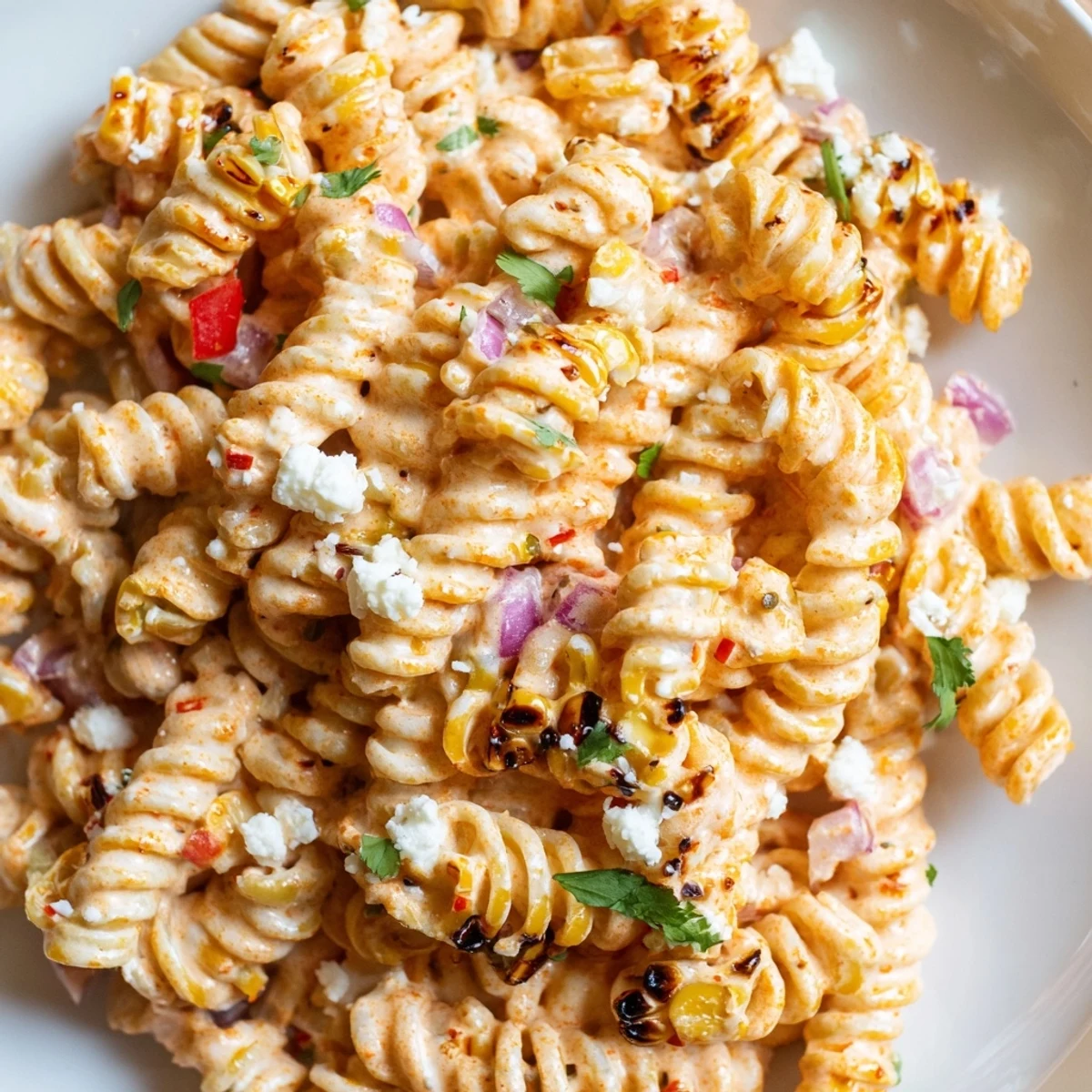 Creamy elote street corn pasta salad topped with crumbled Cotija cheese and fresh cilantro
