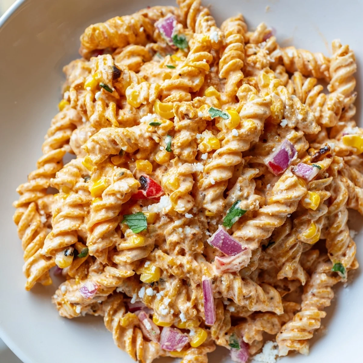 Charred corn and tender rotini tossed in a zesty lime dressing for elote street corn pasta salad