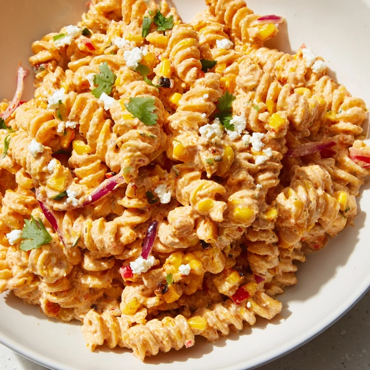 Vibrant elote street corn pasta salad served in a bowl with a Tajín dusted rim and lime wedges