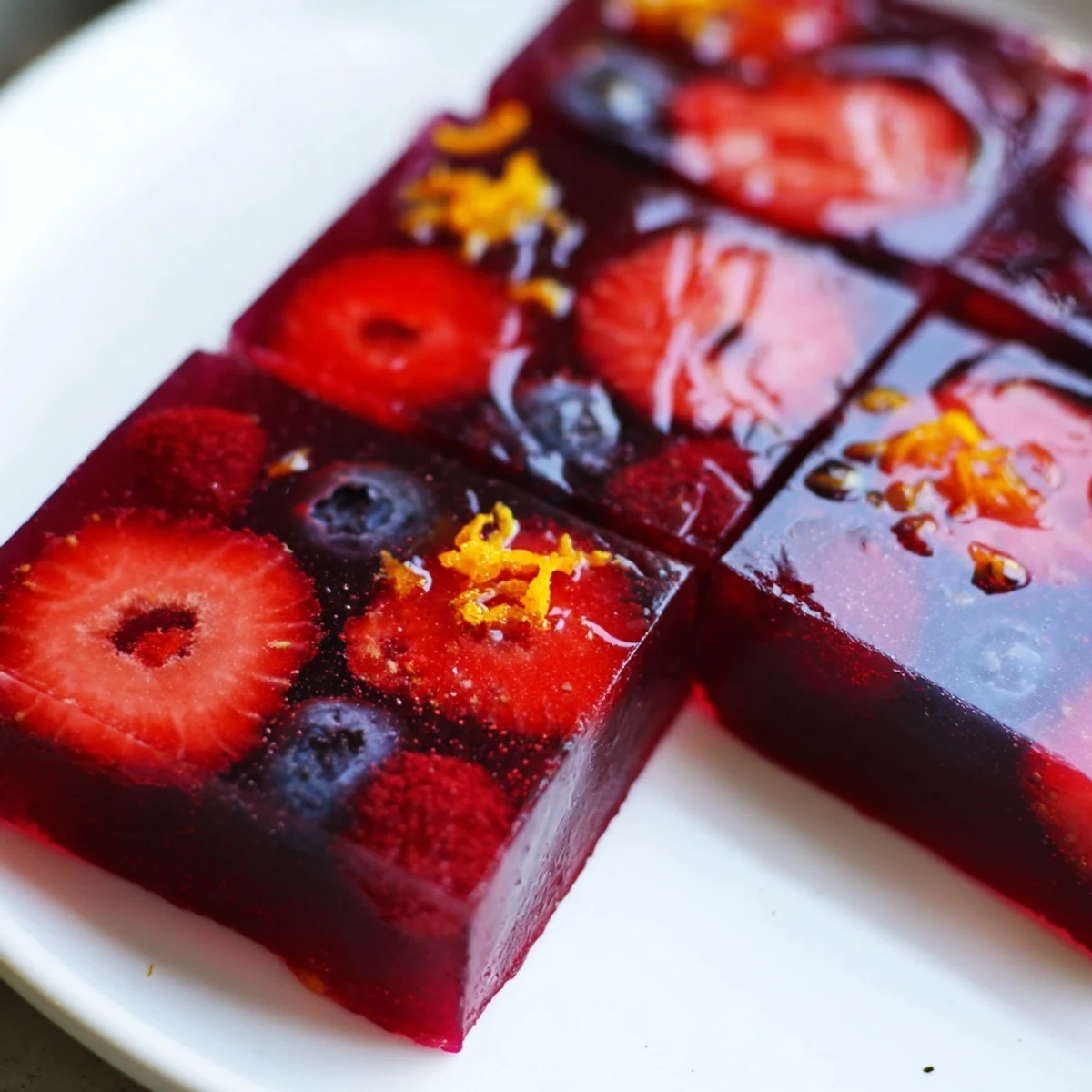 Glossy collagen fruit jellies in vibrant molds dotted with fresh berries