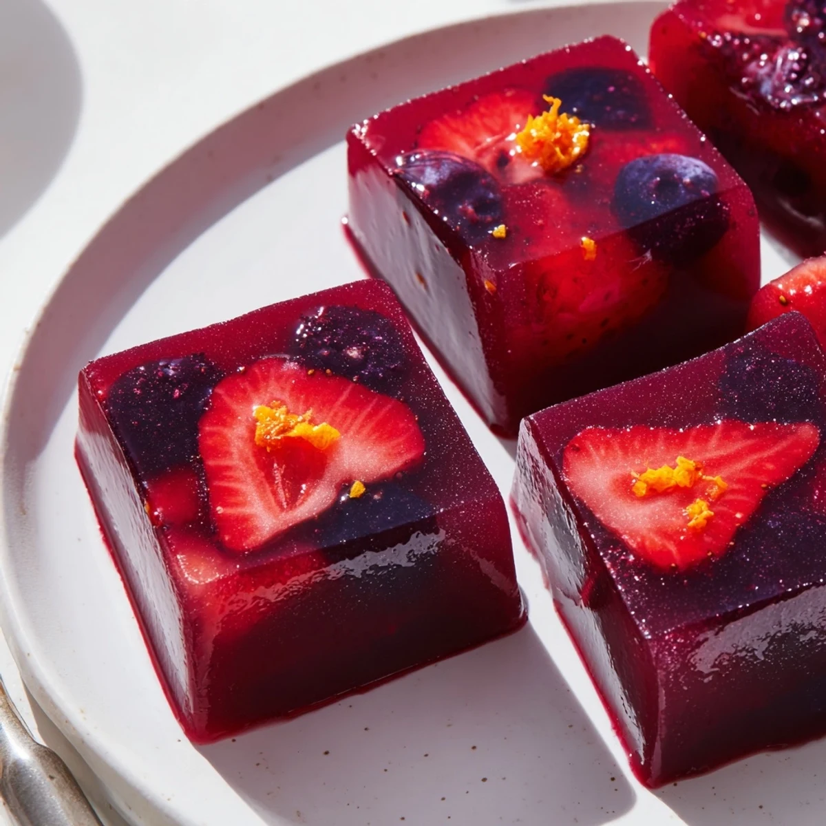 Translucent collagen fruit jellies with citrus zest garnished in silicone candy molds