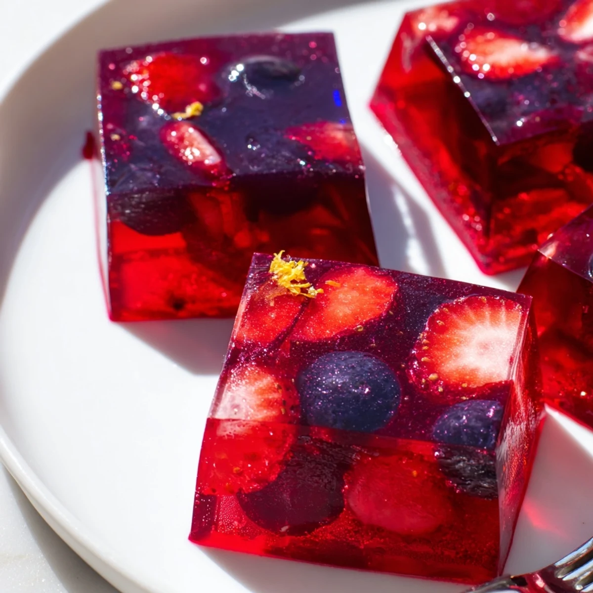 Colorful homemade collagen fruit jellies gleaming on a chilled serving plate