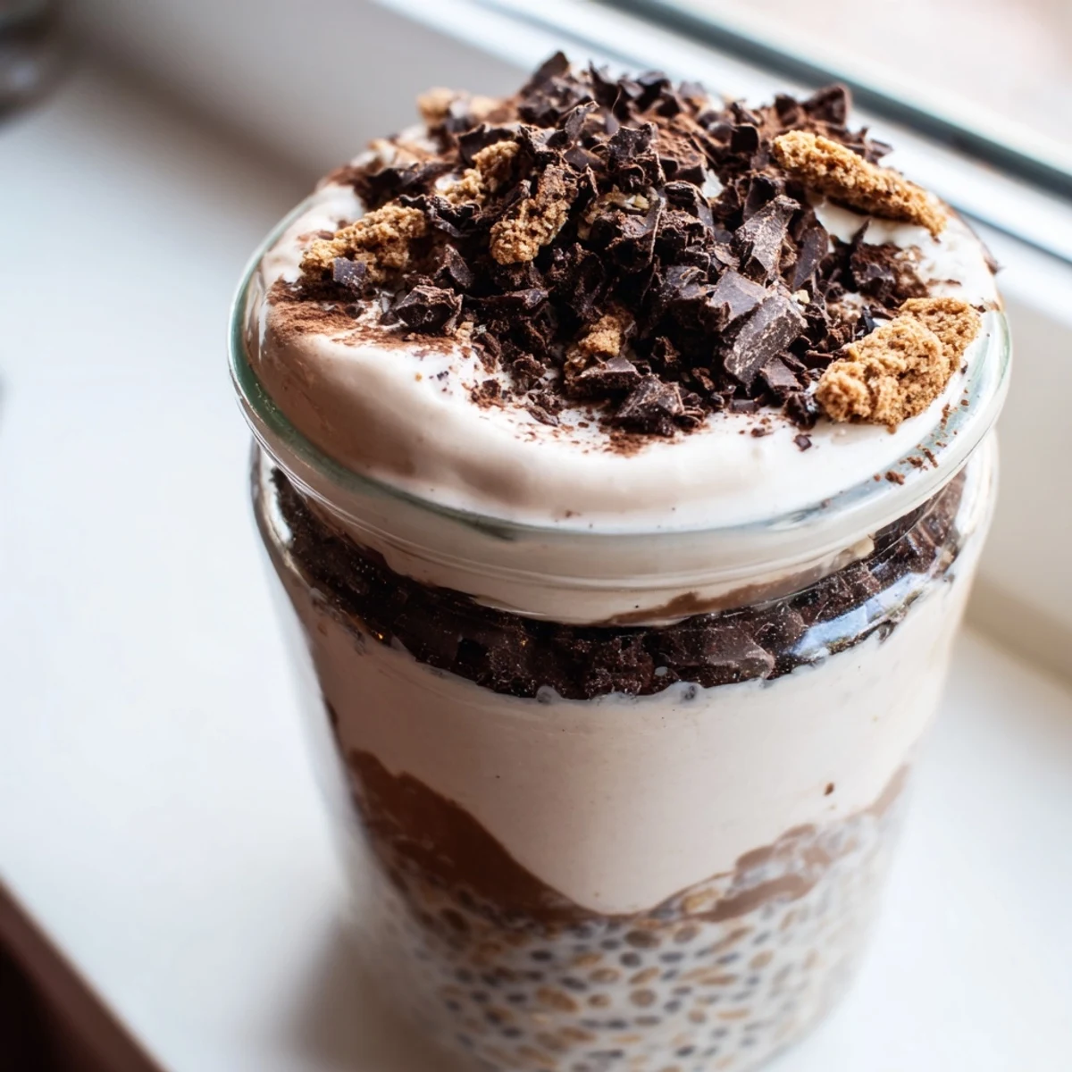 Creamy tiramisu overnight oats layered with mascarpone and dusted with cocoa powder
