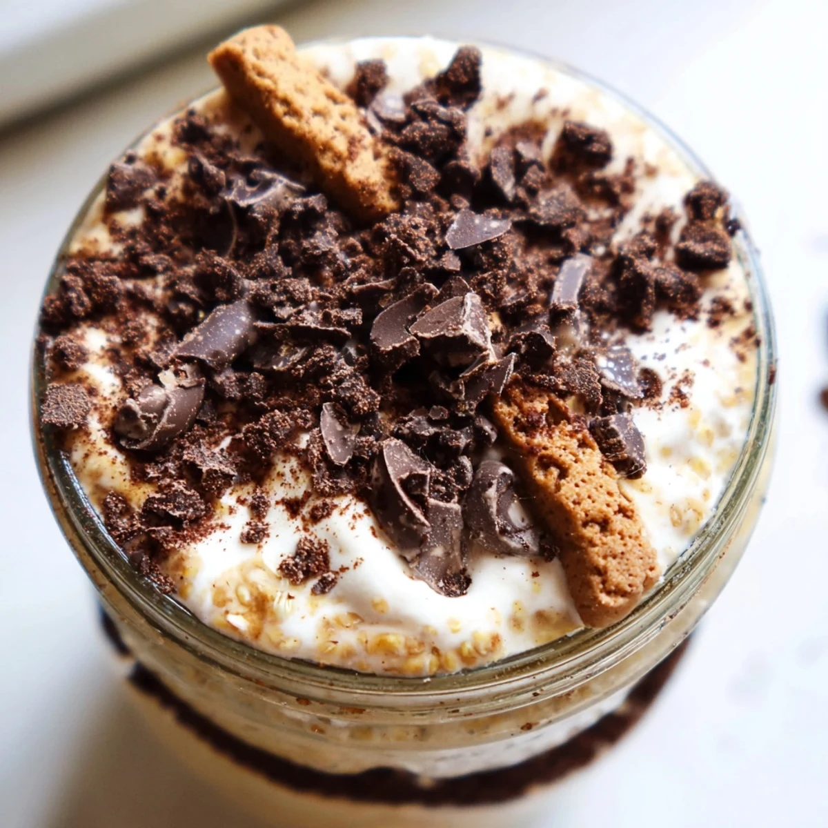 Rich coffee-infused tiramisu overnight oats topped with dark chocolate shavings in a jar