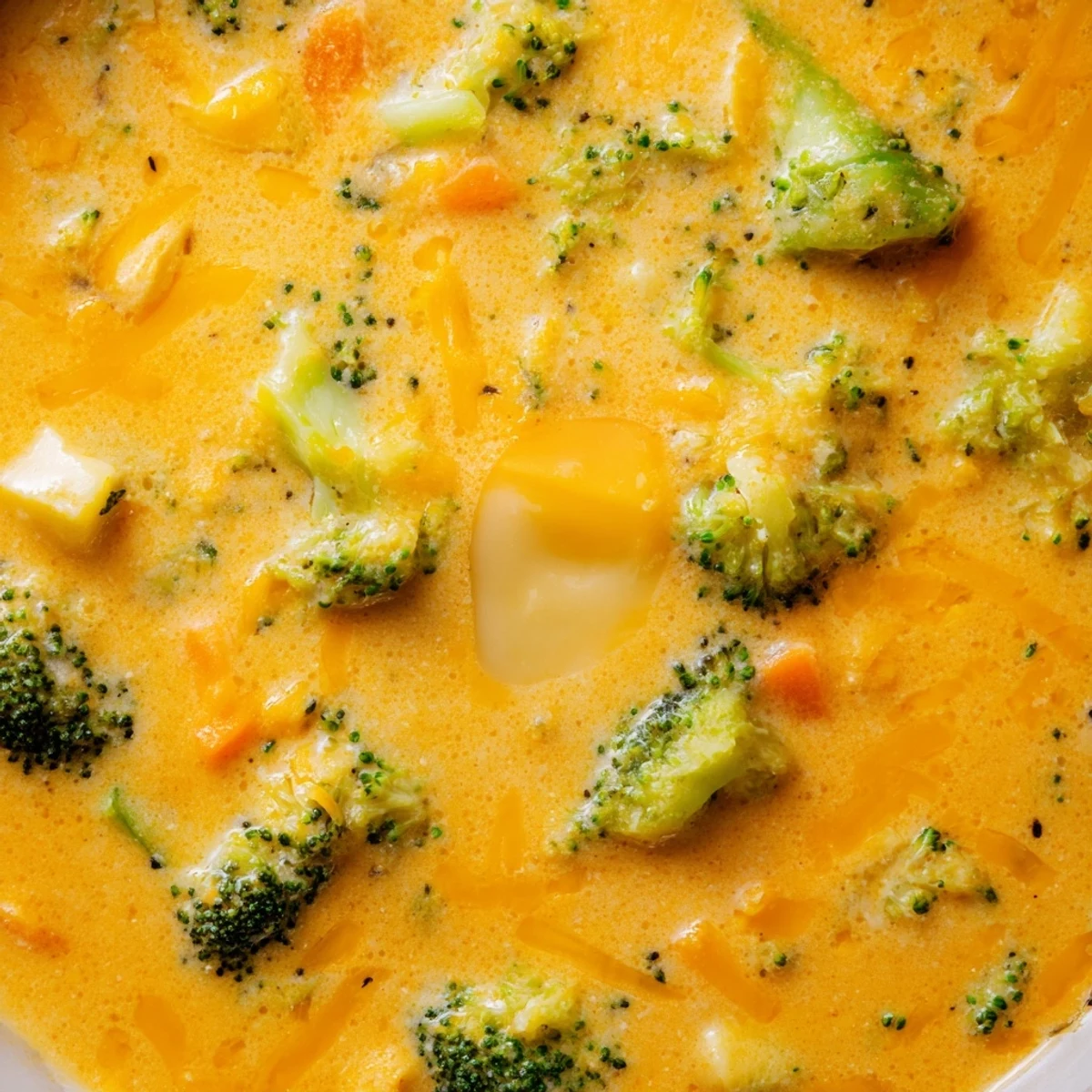 Steaming bowl of slow cooker broccoli cheese soup topped with melted cheddar shreds
