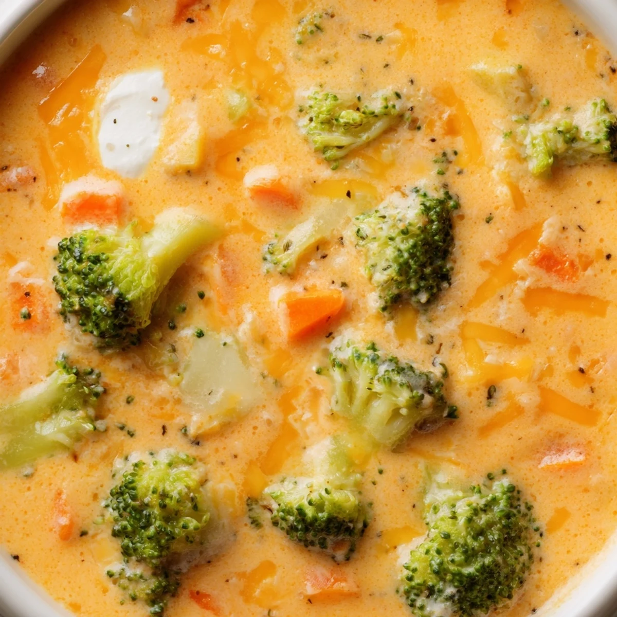Thick golden slow cooker broccoli cheese soup garnished with croutons beside a wooden spoon
