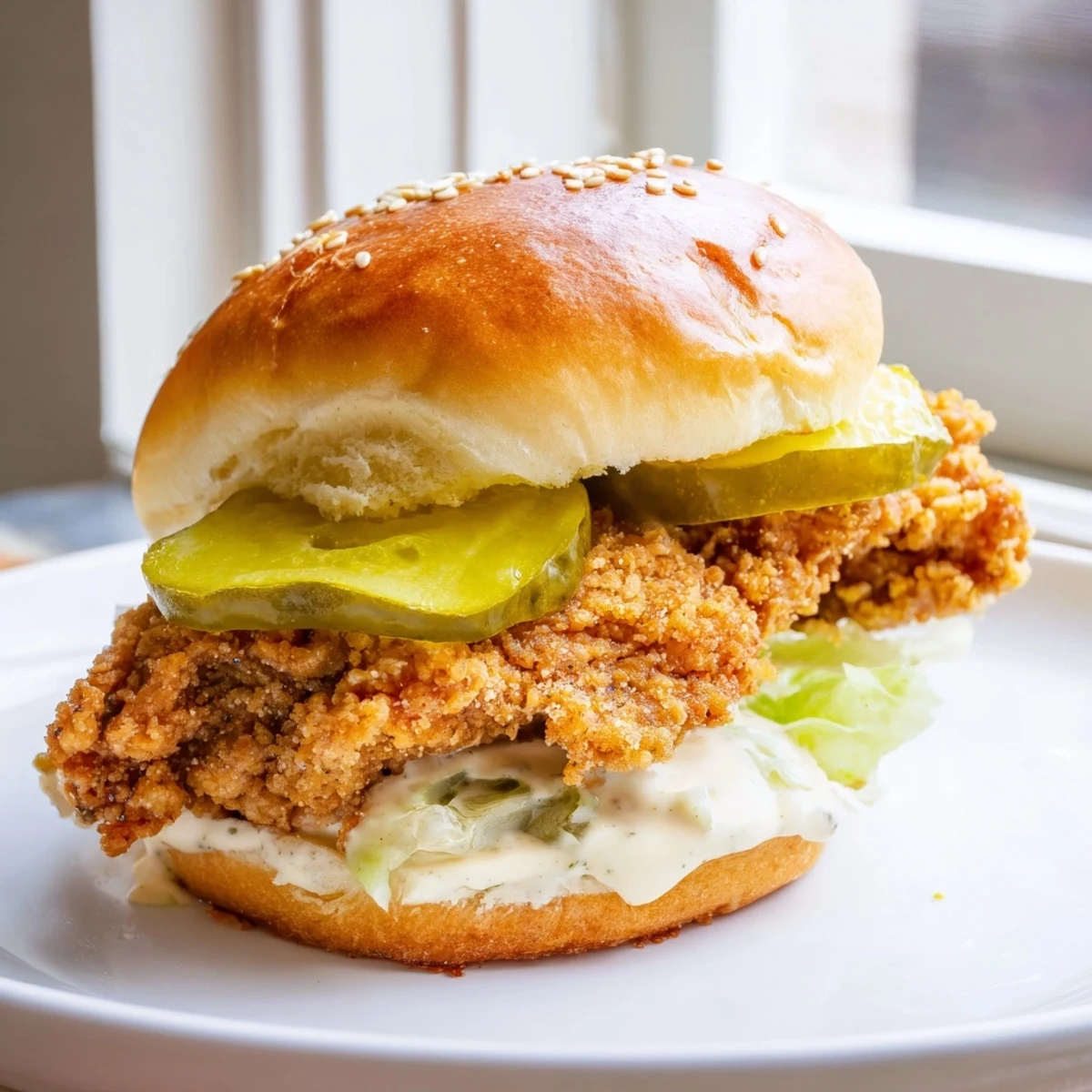 Golden crispy Pickle Brined Fried Chicken Sliders stacked on soft buns with pickles and lettuce