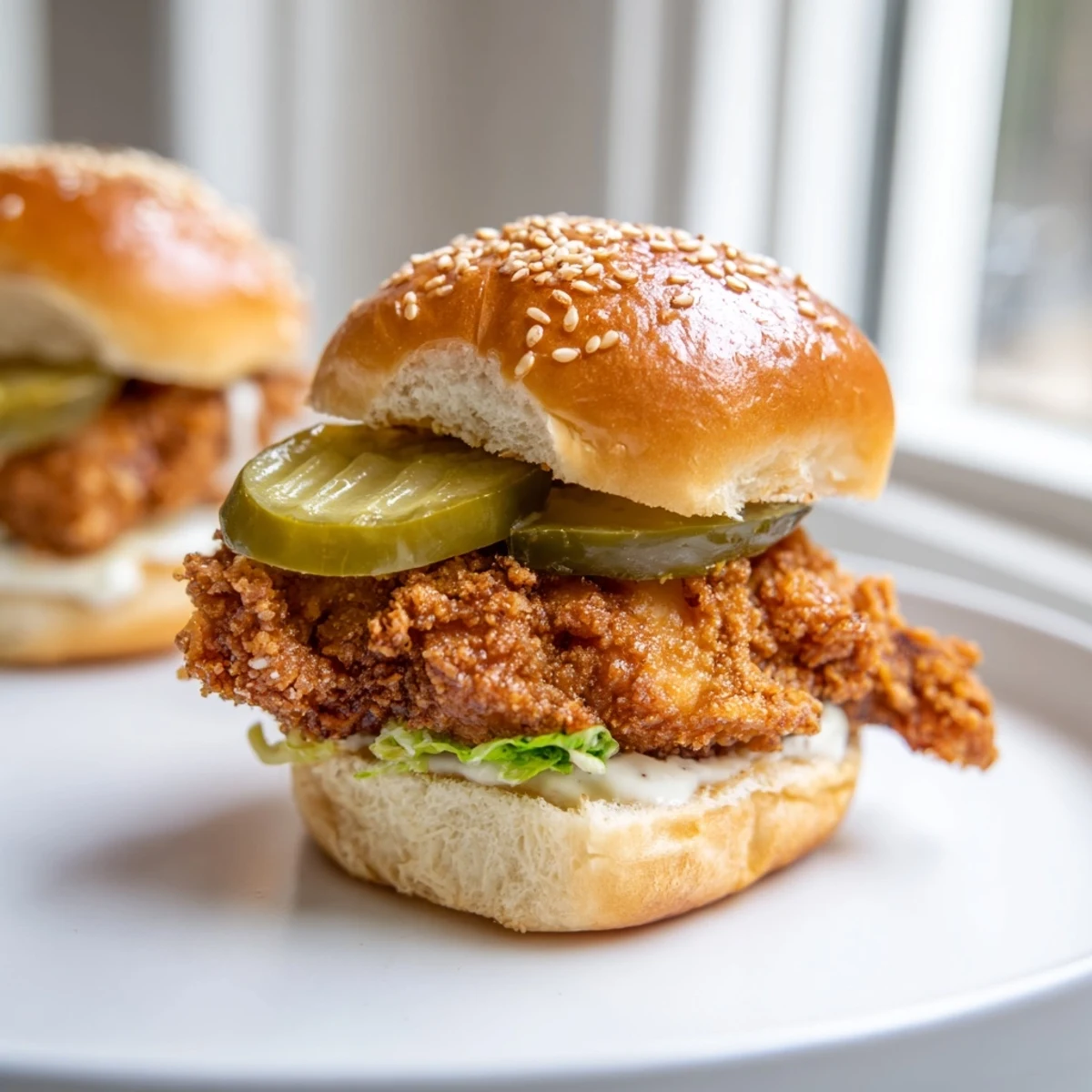 Crispy Pickle Brined Fried Chicken Sliders served on toasted buns with creamy mustard sauce