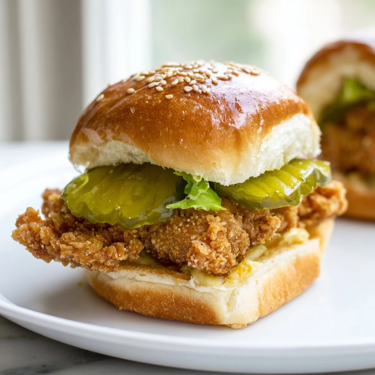 Juicy Pickle Brined Fried Chicken Sliders garnished with dill pickles on a rustic serving board