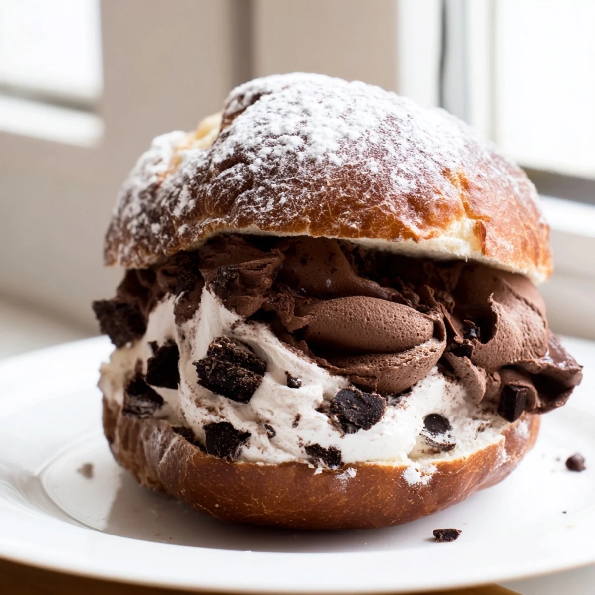 Soft Italian Chocolate Maritozzi buns split open and generously filled with creamy chocolate whipped cream