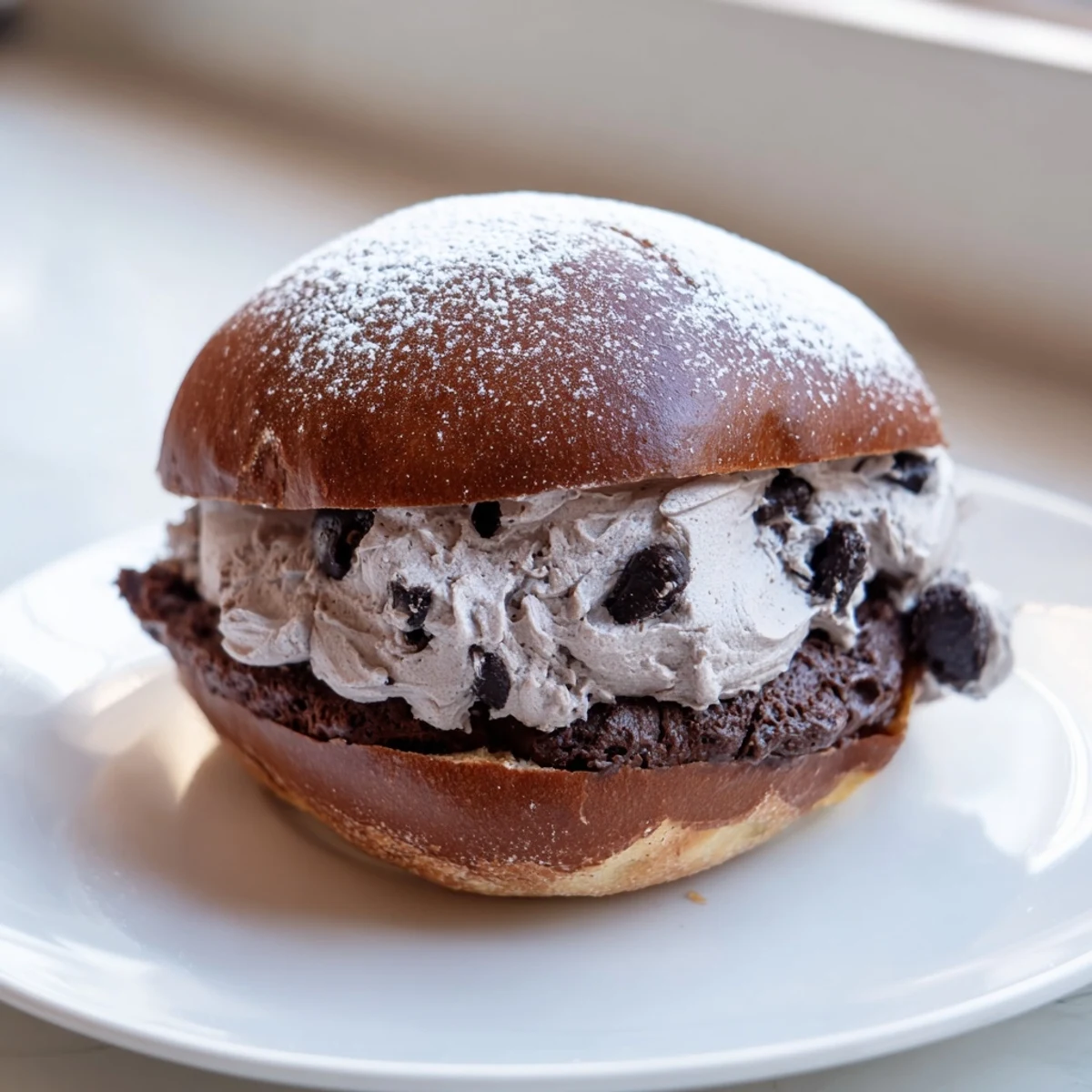 Golden-baked Italian Chocolate Maritozzi resting on parchment paper with rich dark chocolate filling overflowing