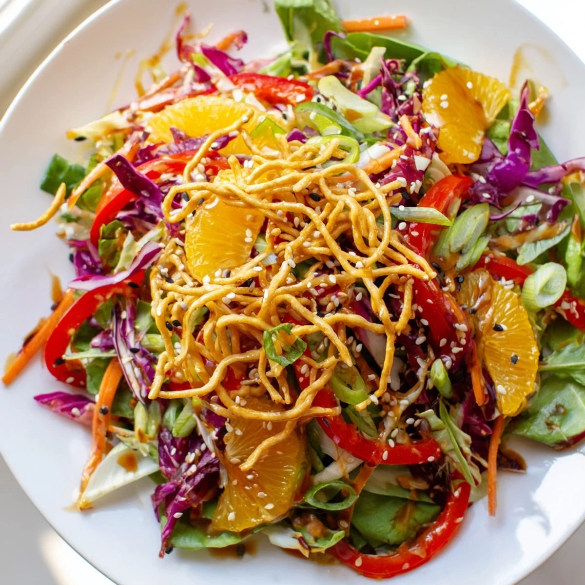 Crisp Mandarin Sesame Crunch Salad topped with golden noodles and sweet oranges
