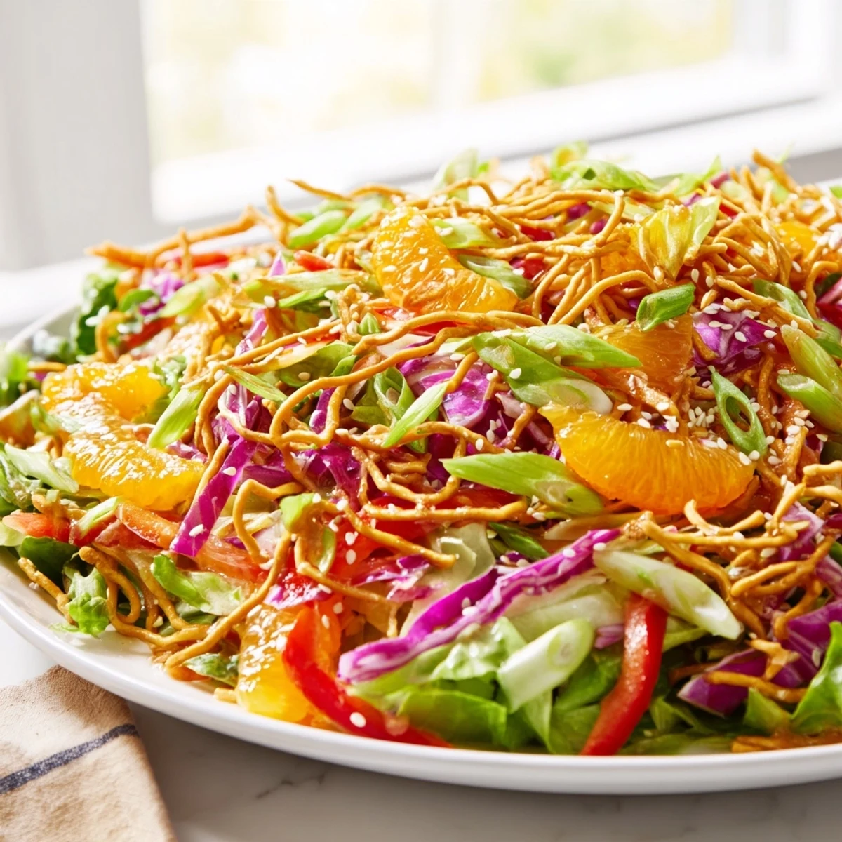 Bright Mandarin Sesame Crunch Salad drizzled with tangy sesame dressing in a bowl