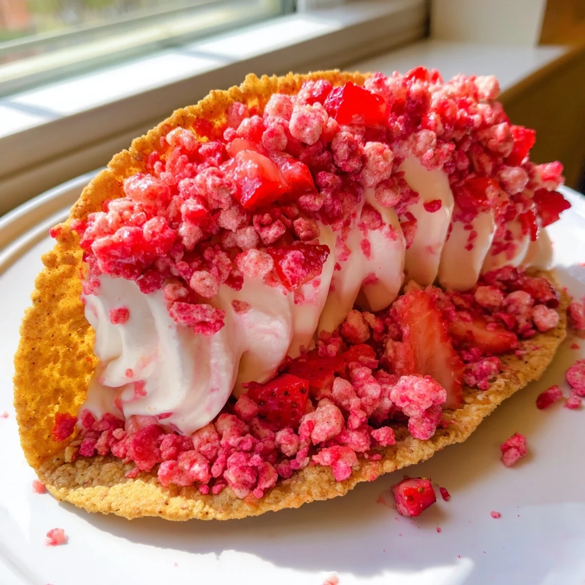 Crispy cinnamon sugar taco shells filled with creamy strawberry crunch cheesecake tacos