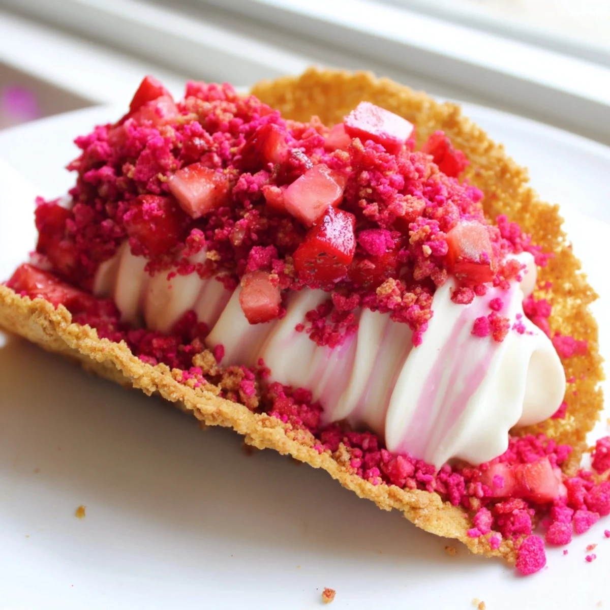 Golden baked tortilla shells stuffed with vanilla cheesecake mousse and strawberry crunch topping