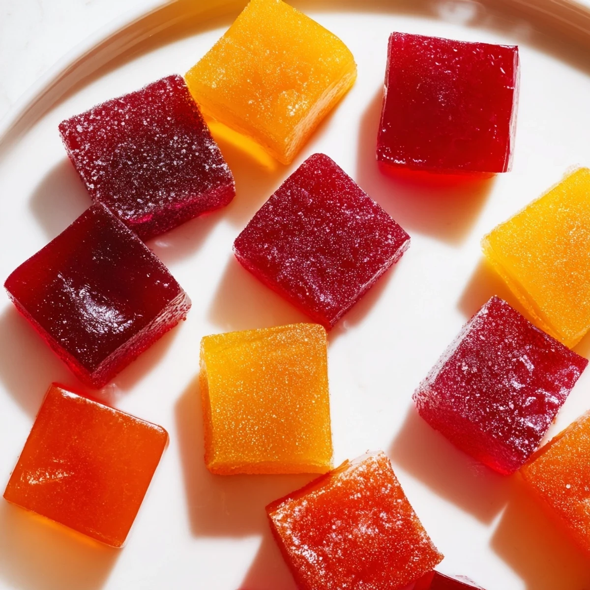 Sparkling collagen fruit jellies in vibrant jewel-toned colors arranged on a marble surface