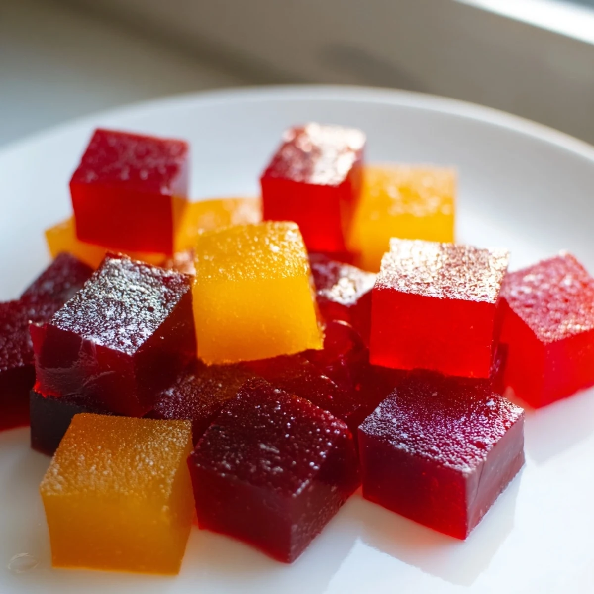 Chewy collagen fruit jellies dusted with cornstarch, freshly unmolded and ready to snack on