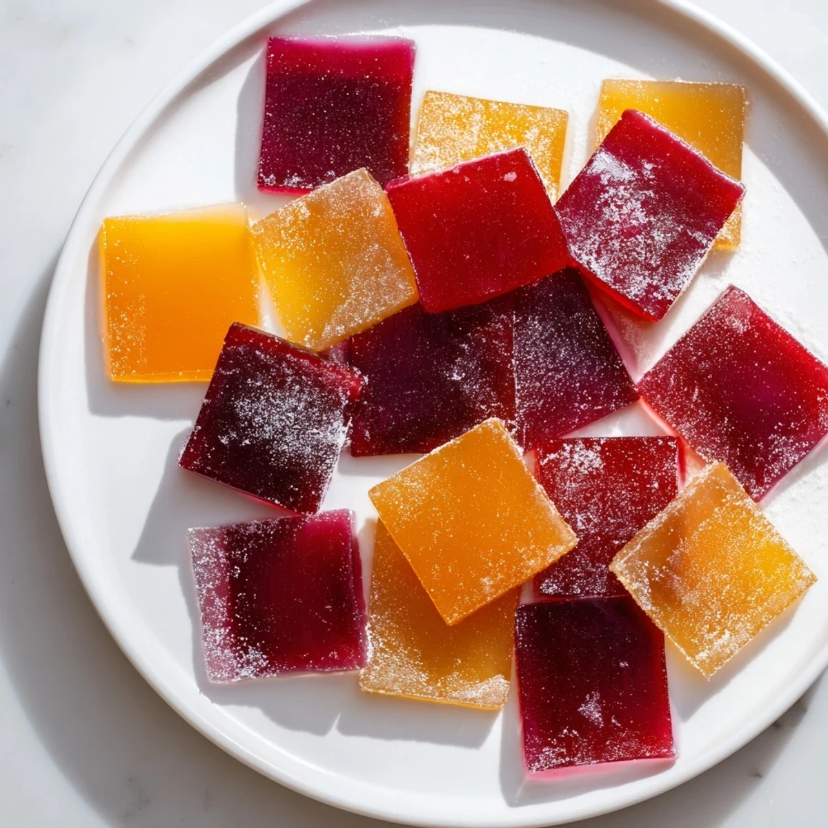 Glossy collagen fruit jellies in berry and citrus shades served in a lined baking dish