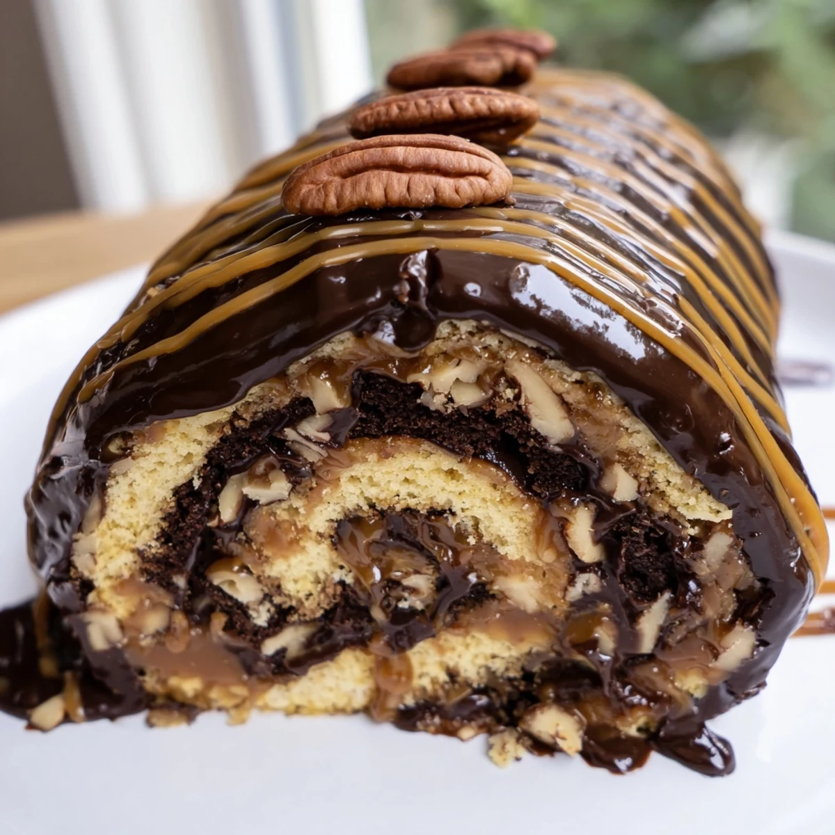 Gooey Chocolate Caramel Turtle Cake Roll sliced and drizzled with rich ganache
