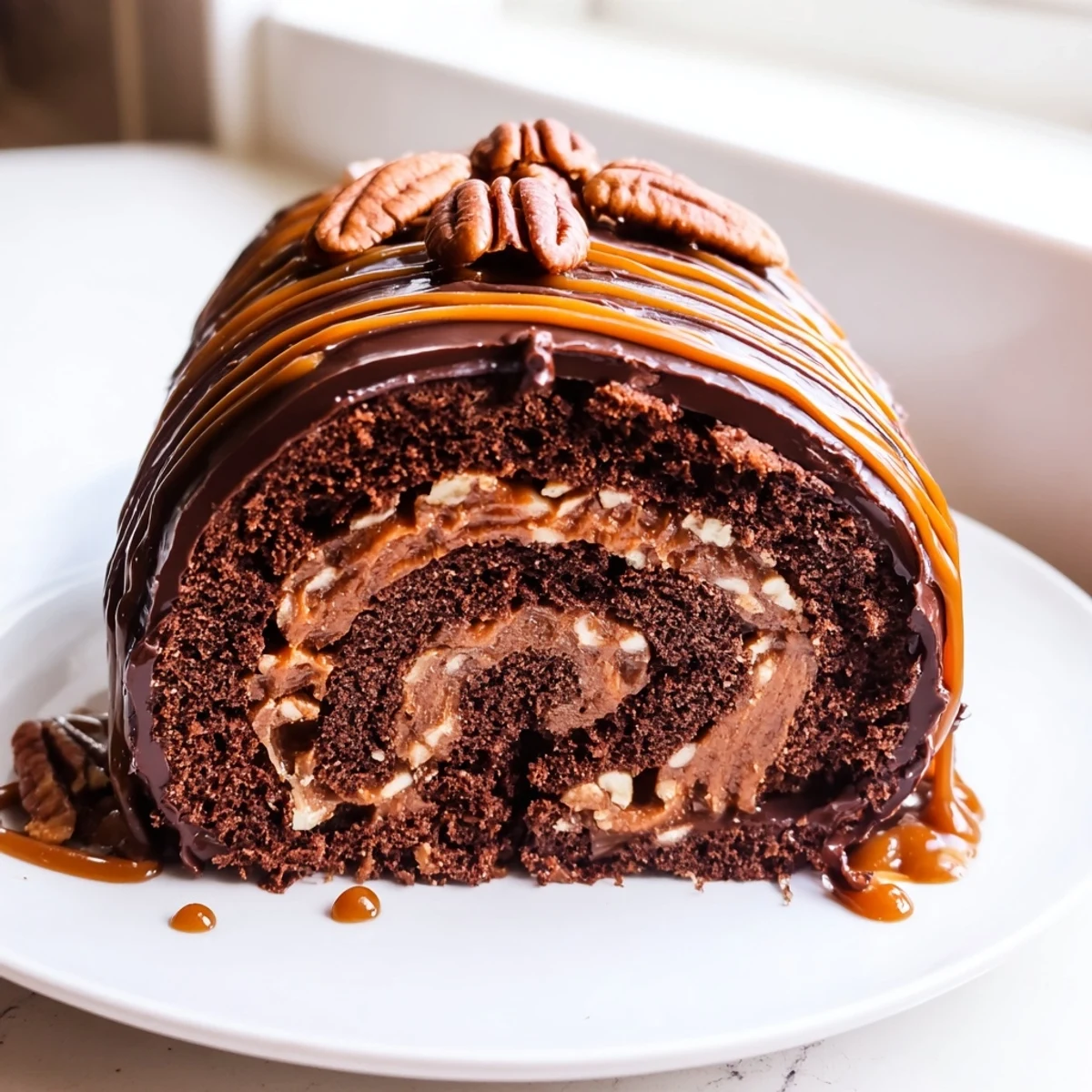 Decadent Gooey Chocolate Caramel Turtle Cake Roll topped with crunchy pecan halves