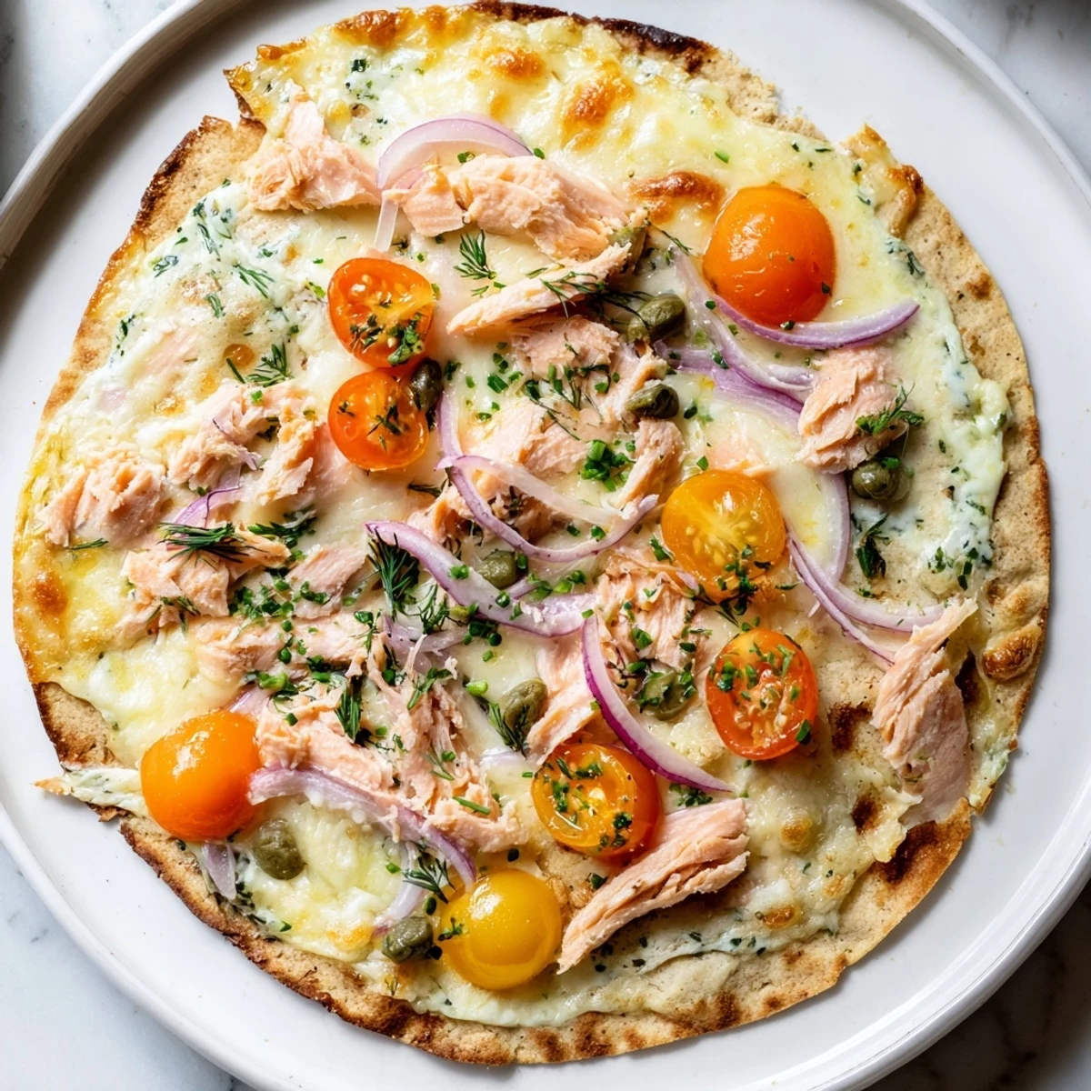 Crispy salmon tortilla pizza with melted mozzarella, cherry tomatoes, and fresh dill garnish