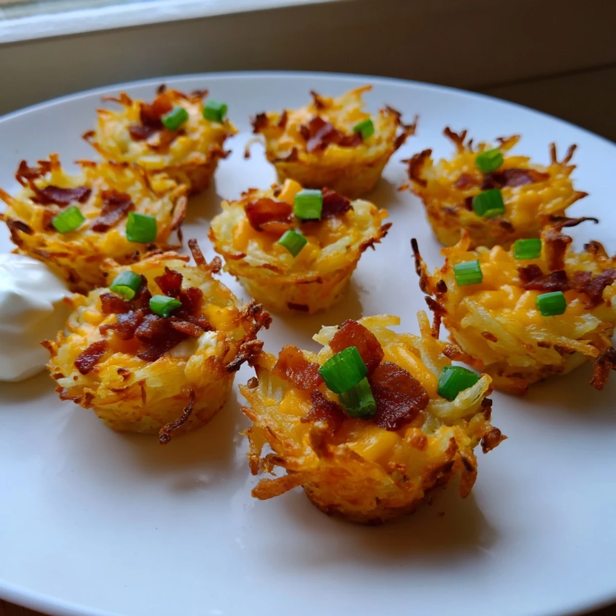 Golden cheesy loaded hashbrown bites with melted cheddar and crispy bacon edges