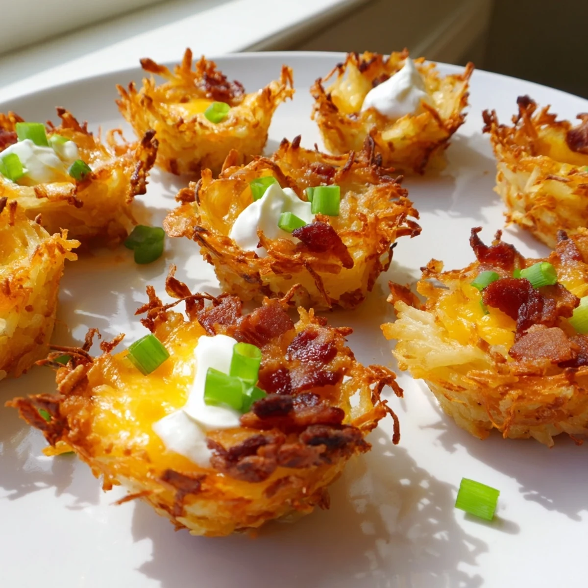 Warm cheesy loaded hashbrown bites pulled from a mini muffin tin with bubbling cheddar tops