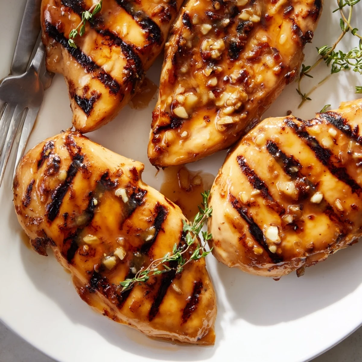 Golden Maple Dijon grilled chicken with caramelized glaze and bold grill marks on a rustic plate