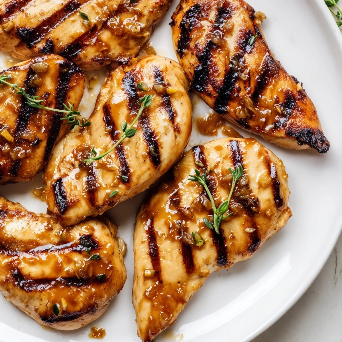 Charred Maple Dijon grilled chicken resting beside roasted vegetables, glistening with a glossy mustard-maple glaze