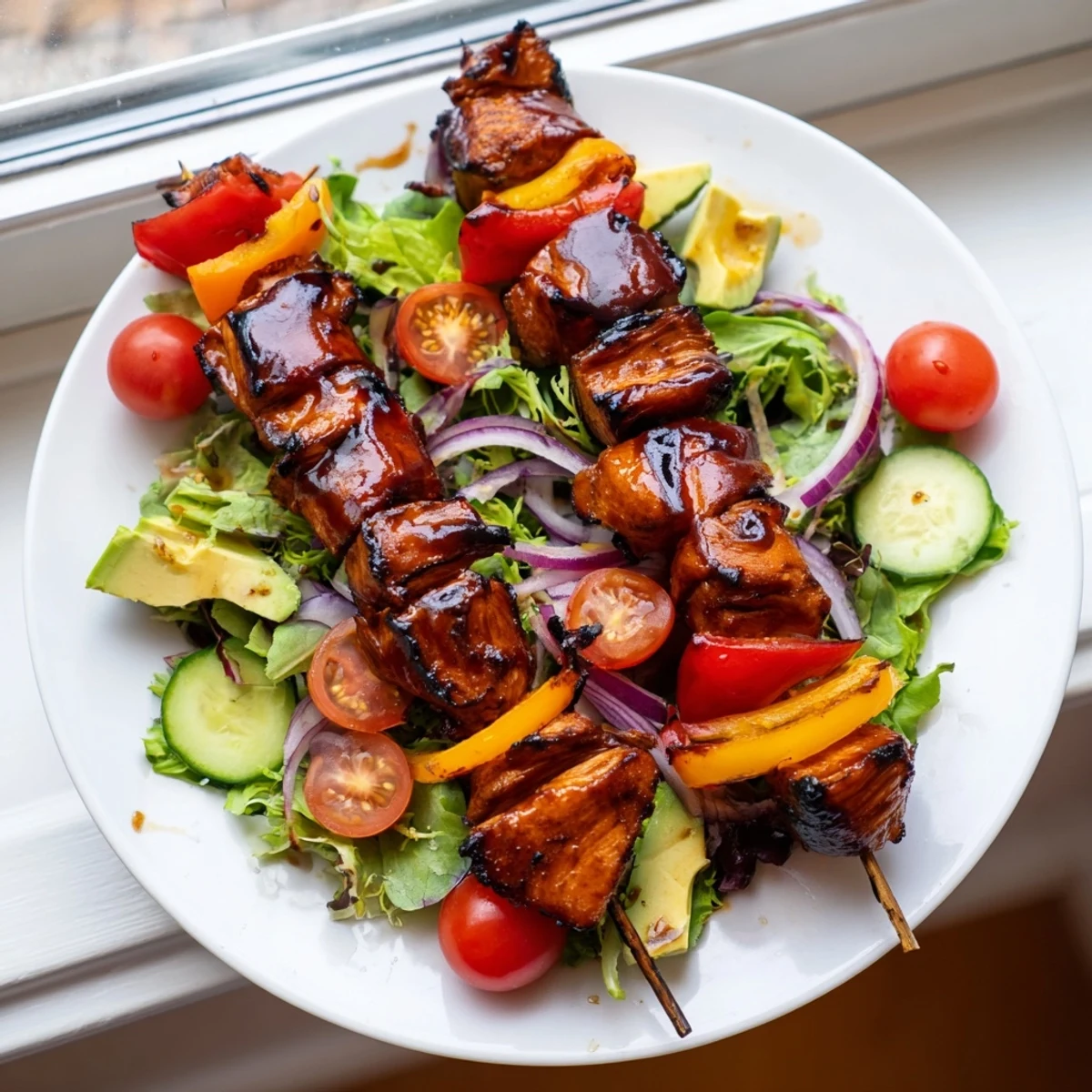 Juicy BBQ chicken skewers nestled on crisp greens with colorful vegetables and zesty dressing