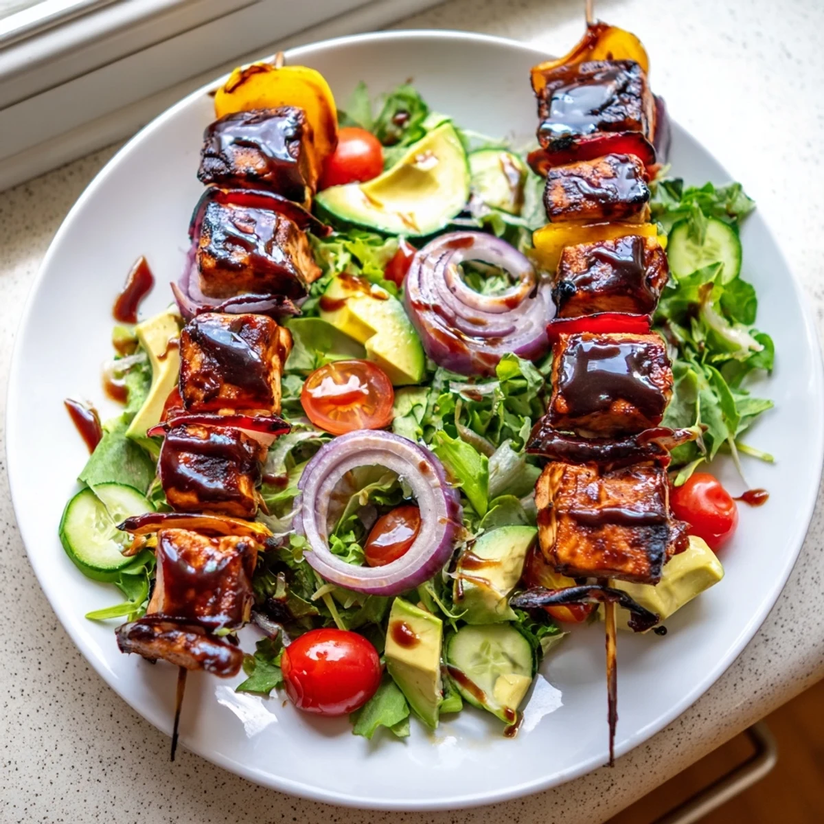 Vibrant BBQ chicken skewer salad drizzled with tangy honey mustard dressing on fresh greens