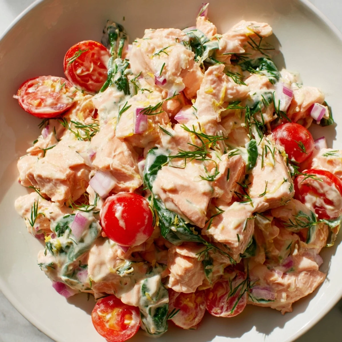 Creamy leftover salmon recipe with wilted spinach, cherry tomatoes, and fresh dill in a golden skillet