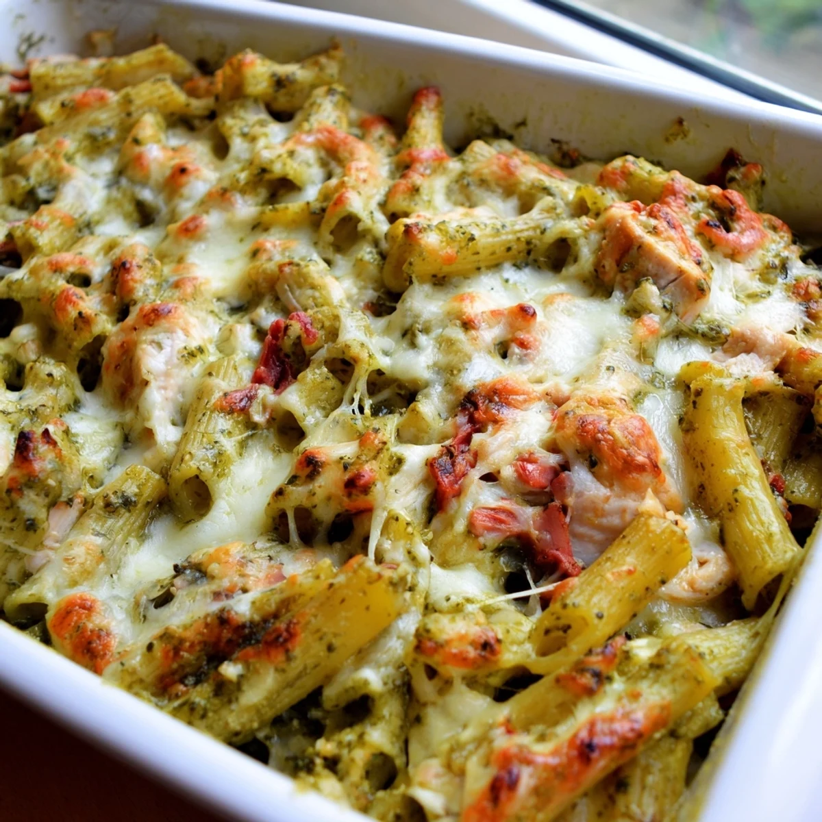 Golden bubbling pesto chicken pasta bake with melted mozzarella and fresh basil leaves