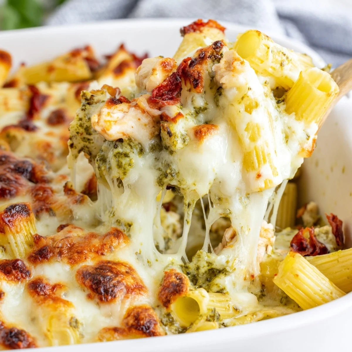 Creamy pesto chicken pasta bake scooped from a cast iron serving dish