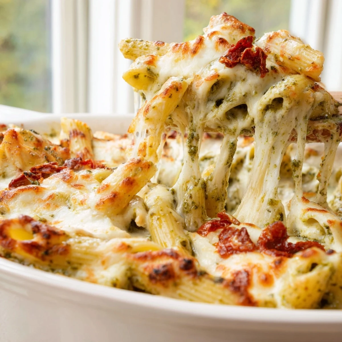 Cheesy pesto chicken pasta bake topped with sun-dried tomatoes in a white casserole