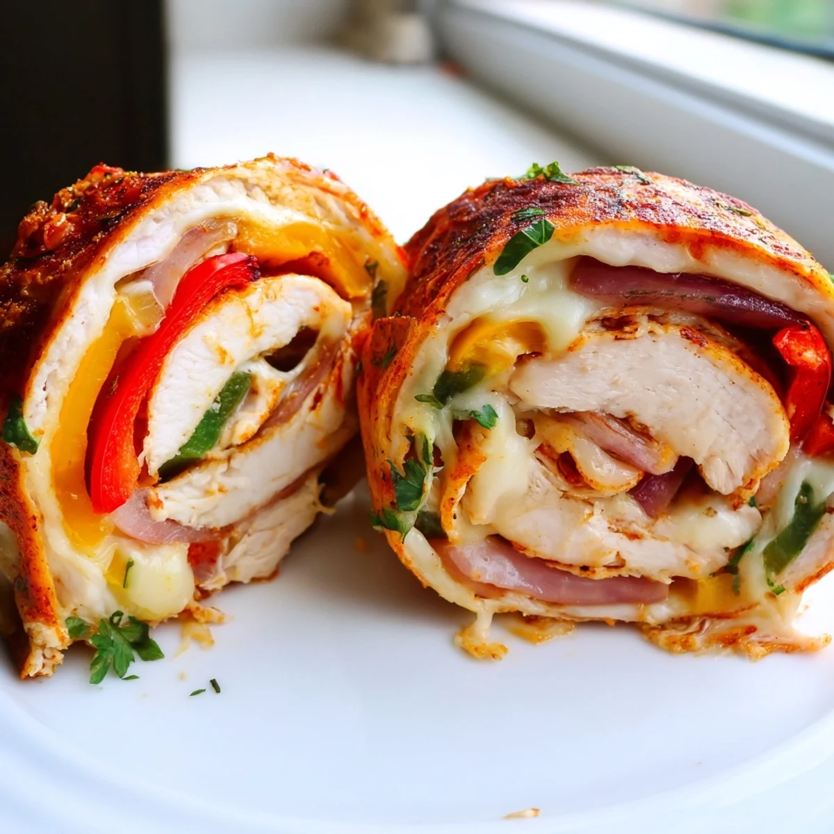 Golden baked chicken fajita roll ups with melted cheese and colorful bell peppers on a white plate