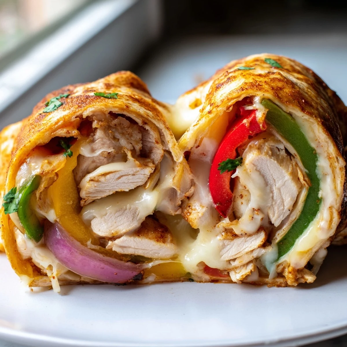 Juicy baked chicken fajita roll ups sliced open revealing tender peppers and gooey Monterey Jack cheese