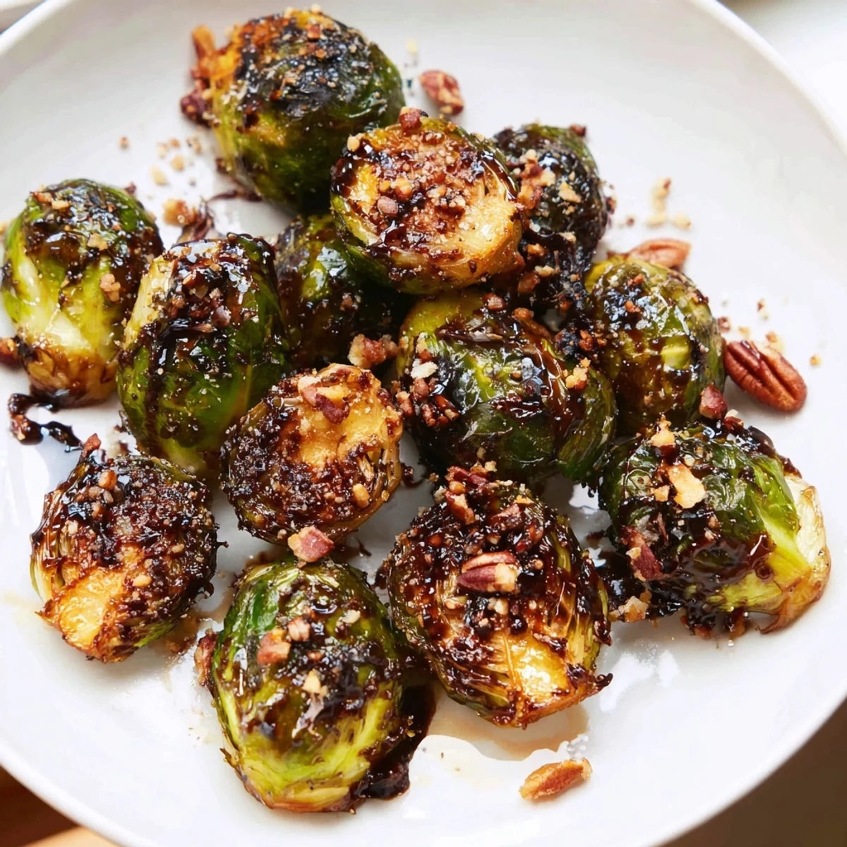 Crispy honey balsamic Brussels sprouts roasted golden on a parchment-lined baking sheet