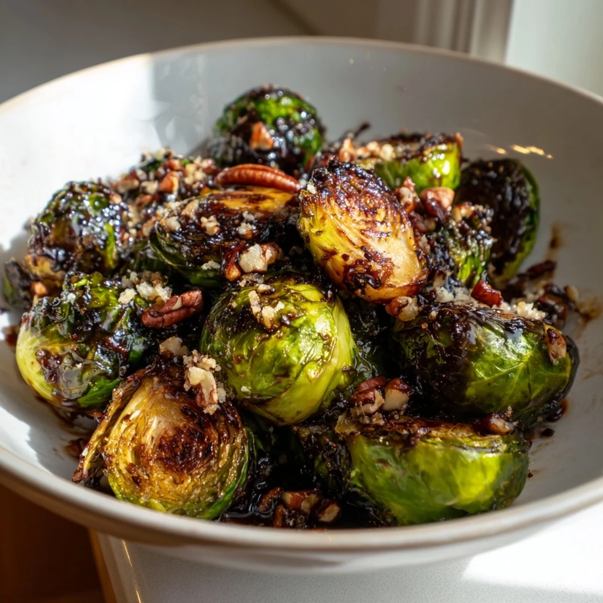 Honey balsamic Brussels sprouts glistening with glossy glaze in a warm serving bowl