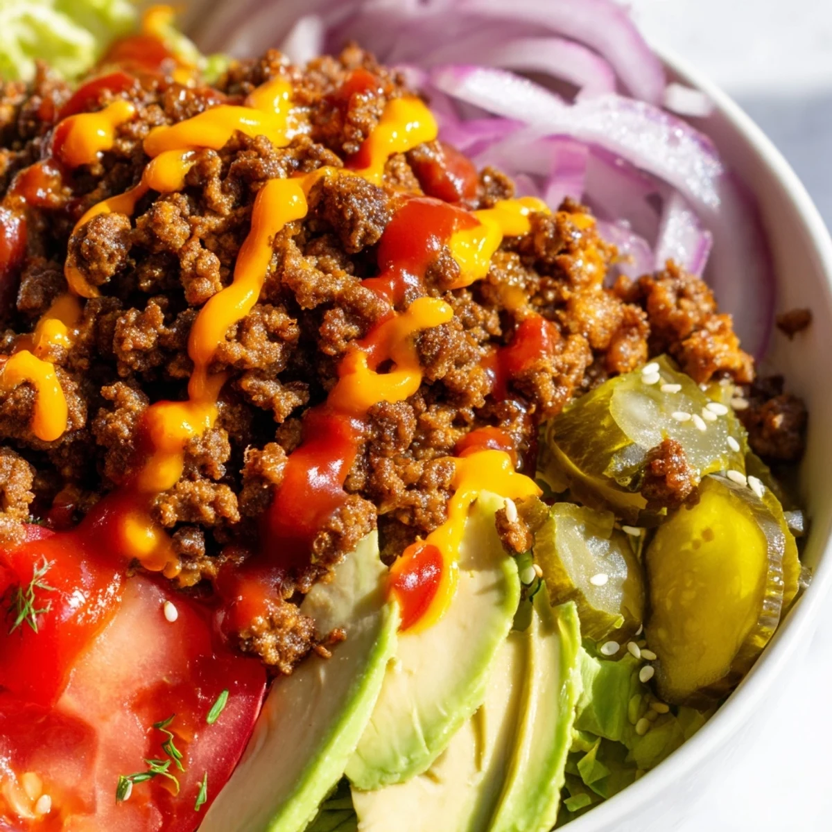 Juicy burger bowls featuring crisp romaine, sliced avocado, and tangy dill pickle toppings