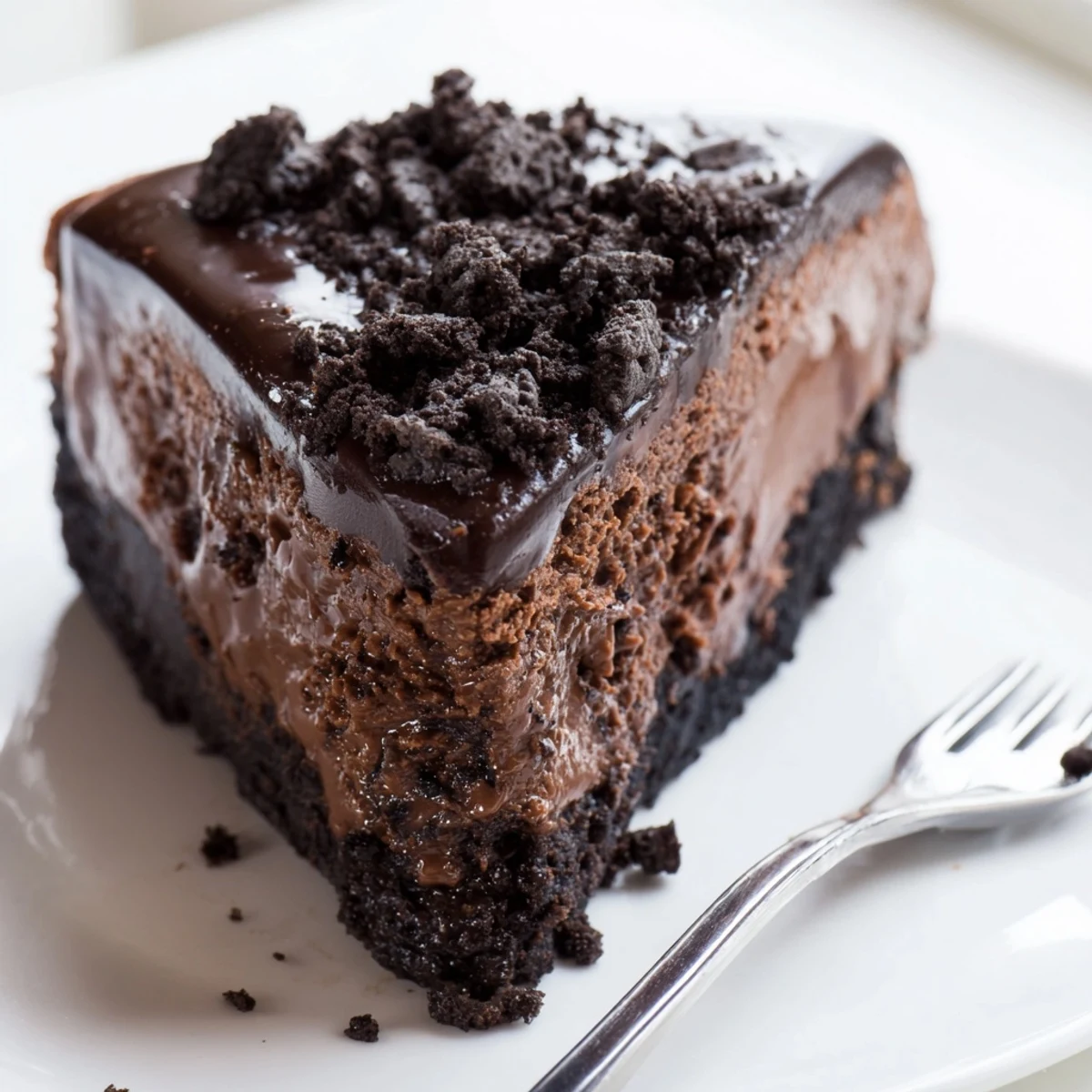 Creamy Oreo chocolate cheesecake slice drizzled with glossy ganache on a dessert plate
