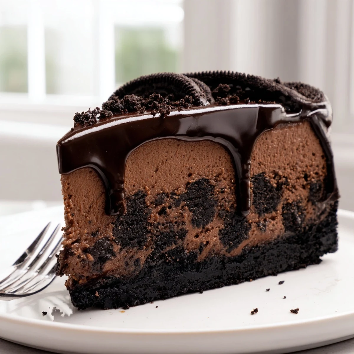 Rich Oreo chocolate cheesecake with a dark cookie crust, topped with crushed Oreos
