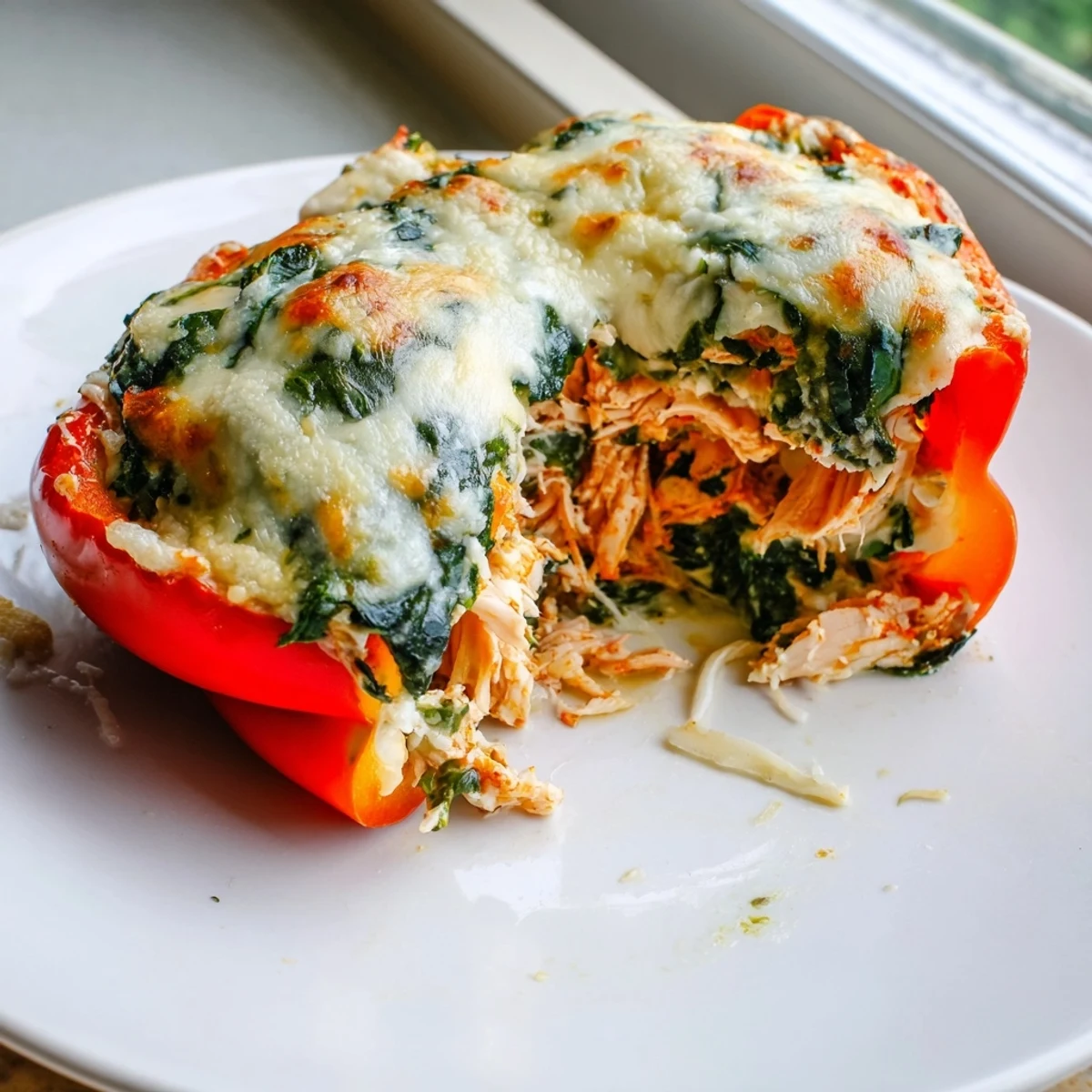 Golden bubbly chicken Florentine stuffed peppers served hot from the oven on a rustic dish