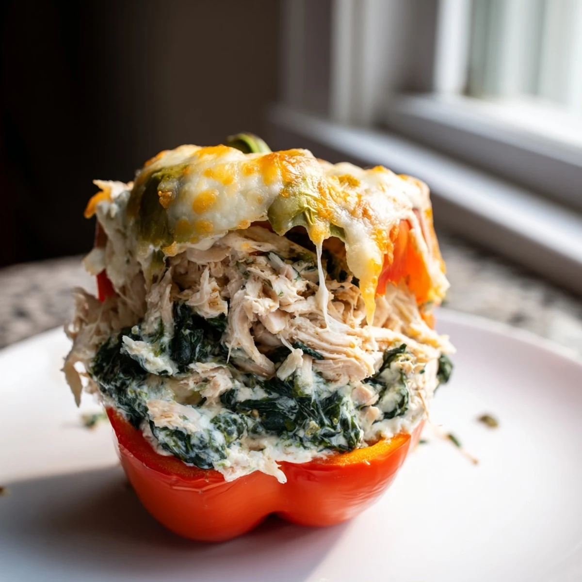 Colorful bell peppers overflowing with creamy chicken Florentine filling topped with melted mozzarella cheese