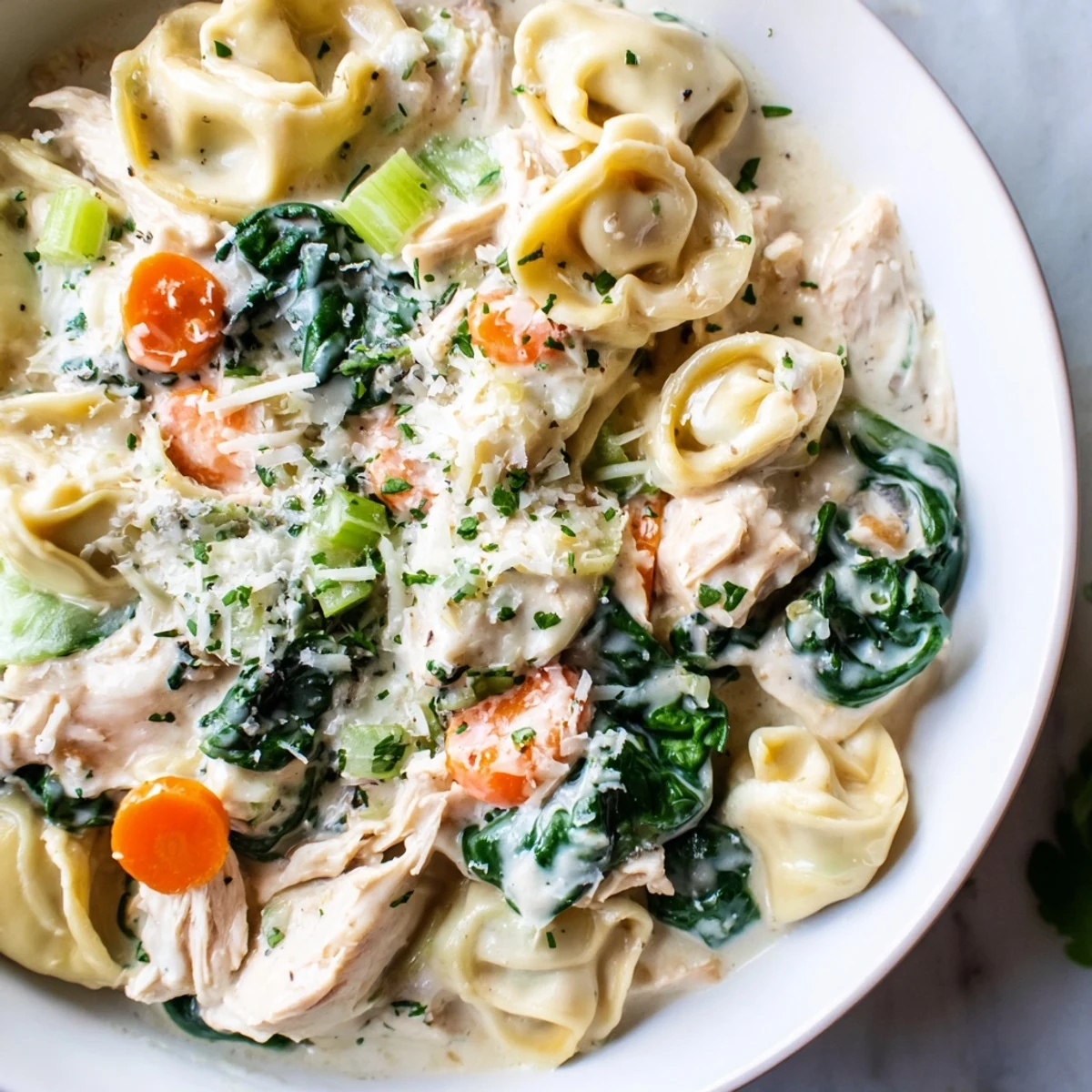 Golden shreds of chicken and plump cheese tortellini swim in a velvety cream sauce