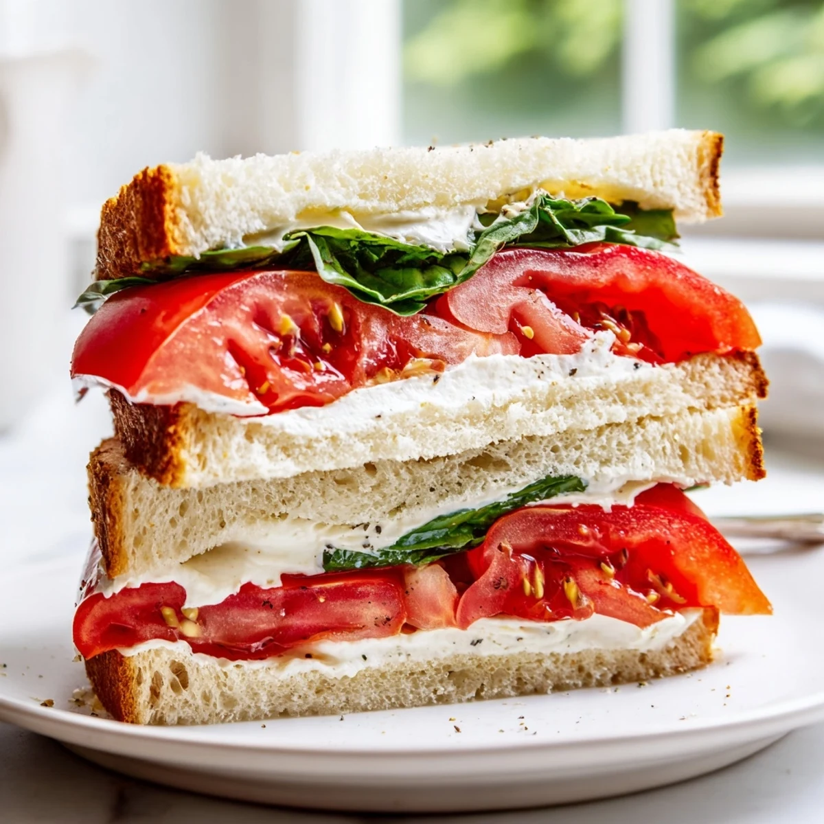 Juicy ripe tomato sandwich layered with creamy mayo on fresh sourdough bread